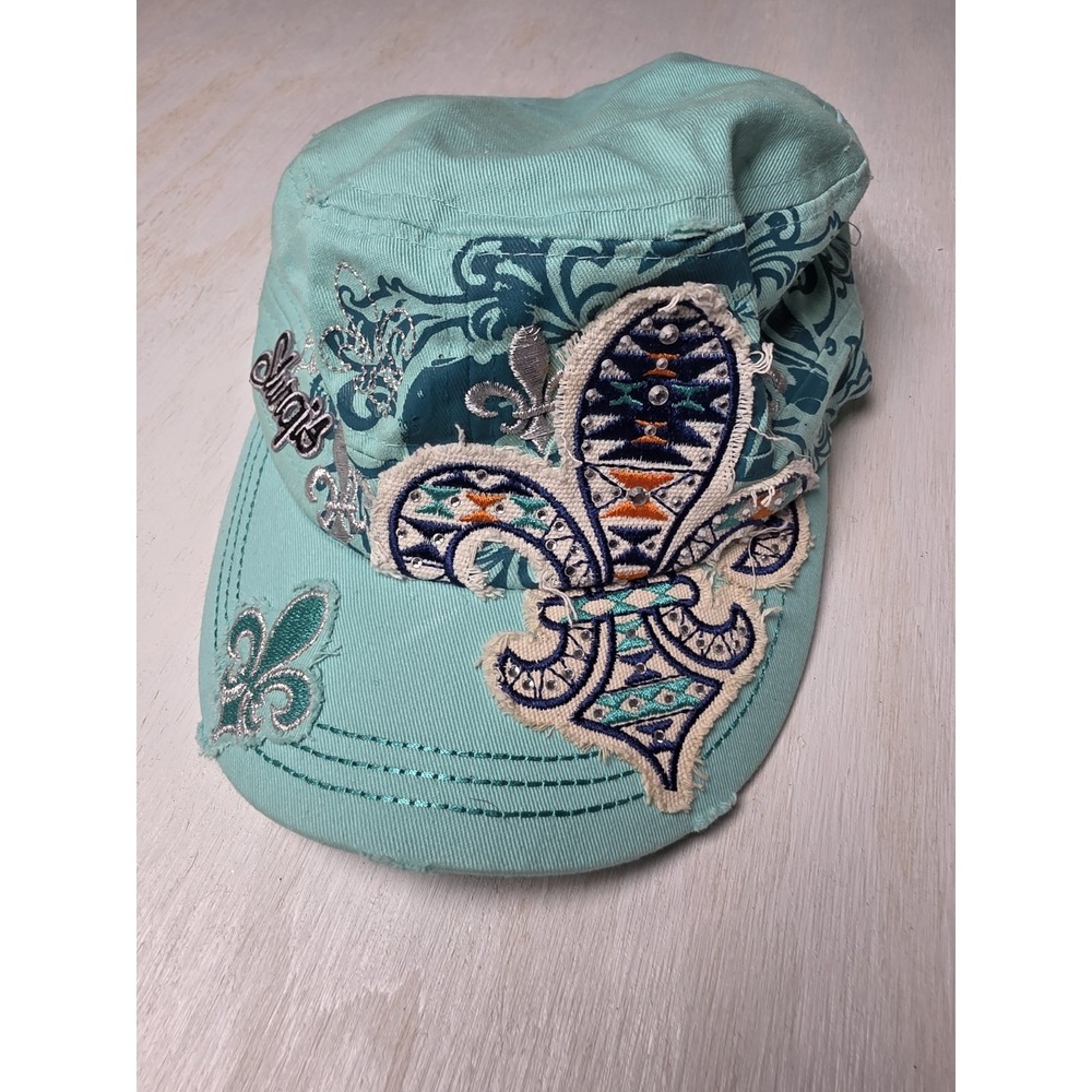 Sturgis Rhinestone Fleur-de-Lis Slideback Cadet Army Cap Turquoise Leader